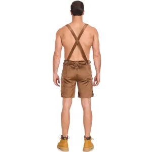 Men's traditional brown Bavarian German Oktoberfest lederhosen suspender shorts detail.