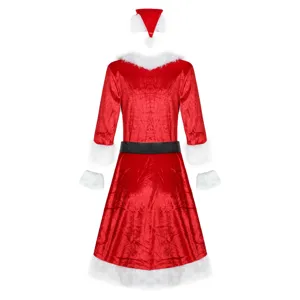 Ensemble de costume de Noël sexy pour femmes avec robe en velours rouge, chapeau et ceinture.