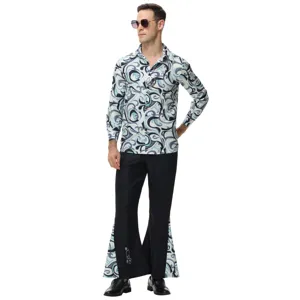 Men 70s retro disco costume set long sleeve swirl print shirt and flared pants party outfit