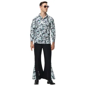 Men's retro 70s disco party costume set long sleeve patterned shirt and flared trousers.