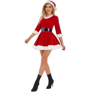 Detailed view of the women's red velvet Santa costume with white faux fur trim and belt.