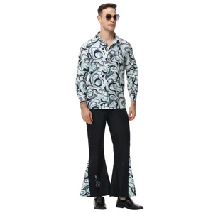 Detailed view of men 70s retro disco party costume featuring patterned long sleeve shirt bell bottom pants.