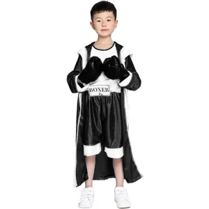 Kids Boxing Costume Outfit Black White Robe Shorts Gloves Set Children Sport Performance Wear