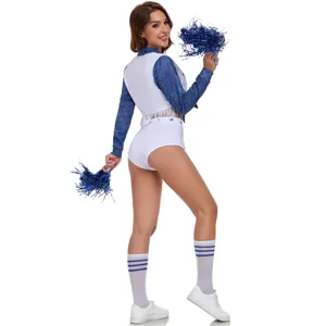 Sexy blue and white star cheerleader costume for women performance cosplay outfit with pom poms.