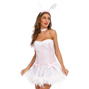 Sexy bunny girl costume strapless white mini dress with cute pink bows and fluffy feather hem.