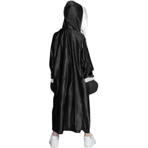 Black hooded boxing robe costume cosplay outfit with white hood lining and gloves for women main