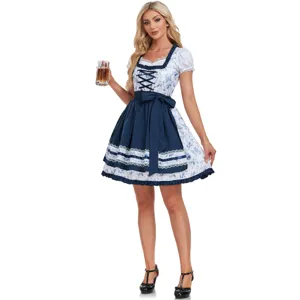 Bavarian Oktoberfest beer festival dirndl costume detail showcasing blue floral bodice.