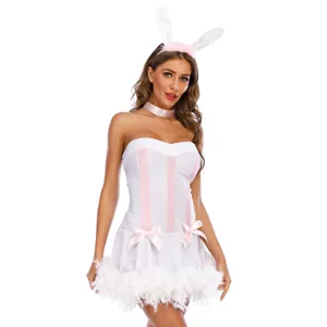 Sexy bunny girl costume set featuring strapless dress, fluffy hem, headband and choker.