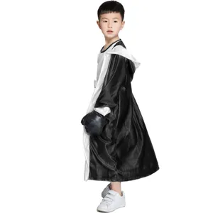 Kids boxing robe costume black and white hooded boxing outfit with gloves for stage performance.