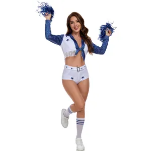 Sexy blue white star cheerleading costume detail, cropped top shorts and pompoms set.