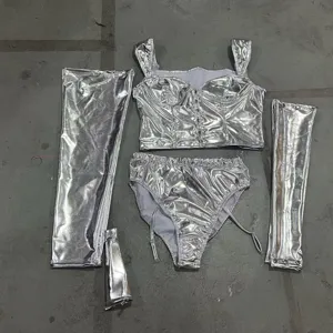 Silver metallic cos costume set, crop top shorts and sleeves for halloween party outfit.