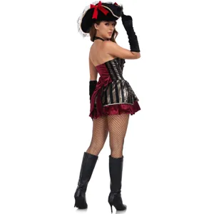 Close-up detail view of the sexy pirate costume, showcasing the exquisite corset, hat, and gloves.