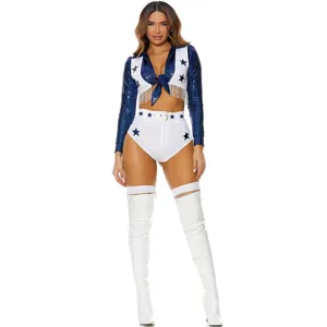Women Sexy Star Cheerleading Uniform Blue Sequin Top White Shorts Set Football Baby Cosplay Performance Stage Costume