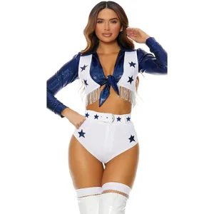 Sexy star cheerleader costume set featuring sparkly blue top, fringe vest, and white shorts.