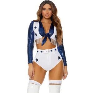 Sexy blue white star cheerleader crop top shorts stage performance costume outfit