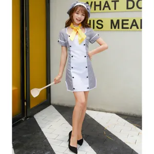 Halloween cosplay anime chef costume for women, cute maid grid dress with hat and tie.