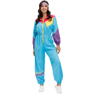 Retro colorful block jumpsuit detail view, vibrant 80s style costume party apparel close up.