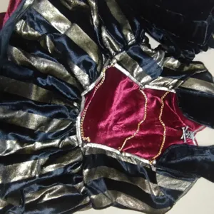 Gothic pirate costume detail featuring black gold stripes, red velvet and metal chains.