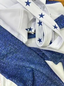 Detail shot of sexy blue glitter star cheerleader cosplay costume uniform performance apparel.
