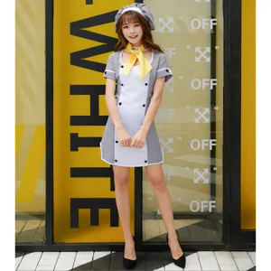 Halloween cosplay anime chef costume adult maid dress with checkered pattern and yellow scarf
