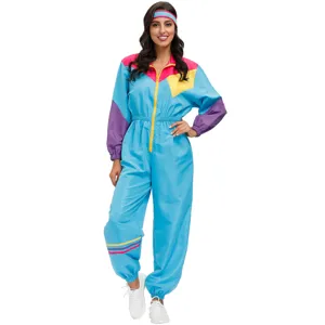 Retro 80s 90s style colorblock jumpsuit women vintage disco party Halloween outfit activewear