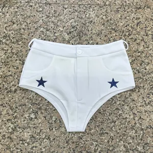 White high waist cheerleading shorts with blue glitter star details for performance costumes