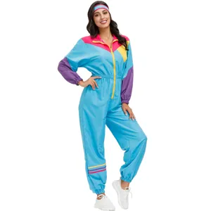 Detailed view of a retro 80s colorful colorblock jumpsuit with matching headband for party.