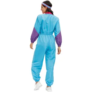 Women retro 70s disco jumpsuit costume, blue purple color block ski suit back view detail.