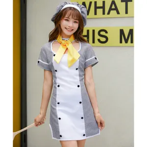 Detailed view of women's cosplay chef costume featuring checkered pattern and yellow bow.