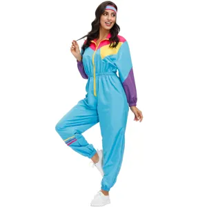 Retro 70s disco jumpsuit party costume colorful contrast block sportswear for women detailed view