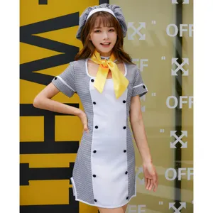 Halloween cosplay anime maid costume set featuring a black and white plaid dress with yellow bow.