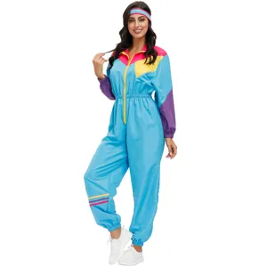 Retro colorful colorblock jumpsuit detail, long sleeve party costume with matching headband.