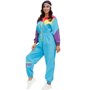 Retro 80s style colorblock jumpsuit detail, vibrant blue pink purple sporty look for party.