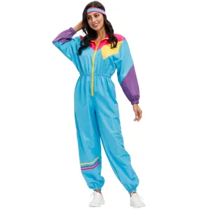 Retro 70s 80s disco jumpsuit detail showcasing vibrant color block design and comfortable fit.