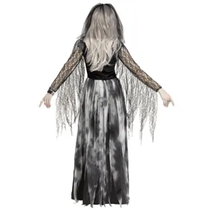 Vista posteriore dettagliata del vestito da sposa fantasma di Halloween con maniche e velo in pizzo.