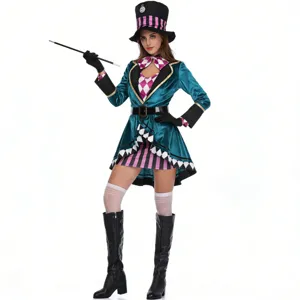Women Mad Hatter Costume Set Alice In Wonderland Cosplay Outfit Velvet Jacket Striped Dress And Hat For Halloween Party