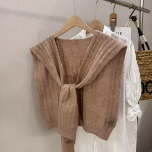 Korean style knit shawl cape, wool blend tie knot scarf sweater for women layering outfits.