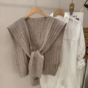 Knitted shawl wrap sweater vest scarf, beige ribbed knit layering cape for women winter.