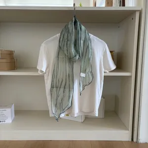 Japanese retro linen narrow long scarf for women, lightweight breathable textured neckerchief ribbon.