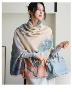 Detailed view of winter thick cashmere feel floral shawl scarf worn by model indoors.