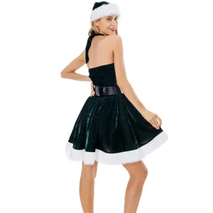 Costume de Noel en velours vert pour femmes robe de fete sexy cosplay avec chapeau