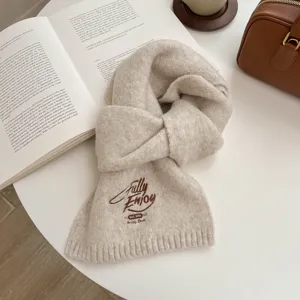 Korean style solid color knit scarf with English embroidery, thick warm winter scarf for women.