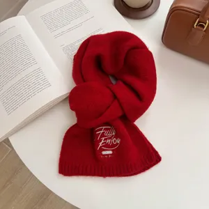 Cozy red knitted winter scarf with chic embroidery, thick warm neck warmer for women.
