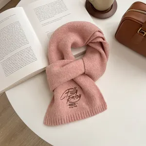 Korean style solid color embroidered knit scarf for women, cozy winter warm thick neck warmer.