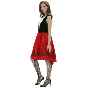 Detail view of the Halloween red riding hood costume dress, showcasing lace hem and fit.