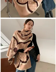 Cashmere feel winter shawl scarf, retro monogram pattern, thick warm wrap for women.