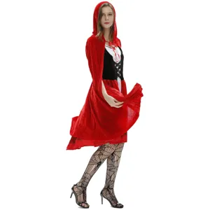 Detailed view of the red hooded cape and black dress costume, perfect for Halloween events.