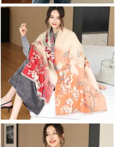 Chic Chinese style gradient floral imitation cashmere shawl, warm thick winter wrap cape.