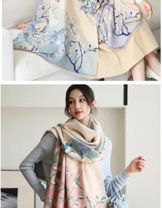 Chic floral print imitation cashmere winter scarf and shawl for women, warm and stylish.