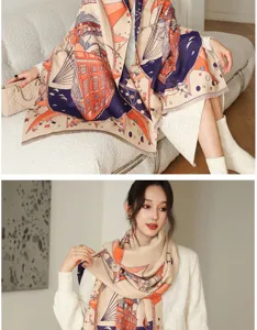 Close-up detail of the vintage architectural print scarf, elegant drape and soft texture showcase.